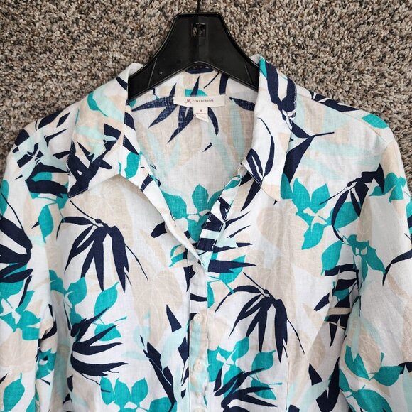 JM Collection Top Womens 16 Floral Print‎ 100% Linen Button Up Teal Collared - Picture 4 of 7